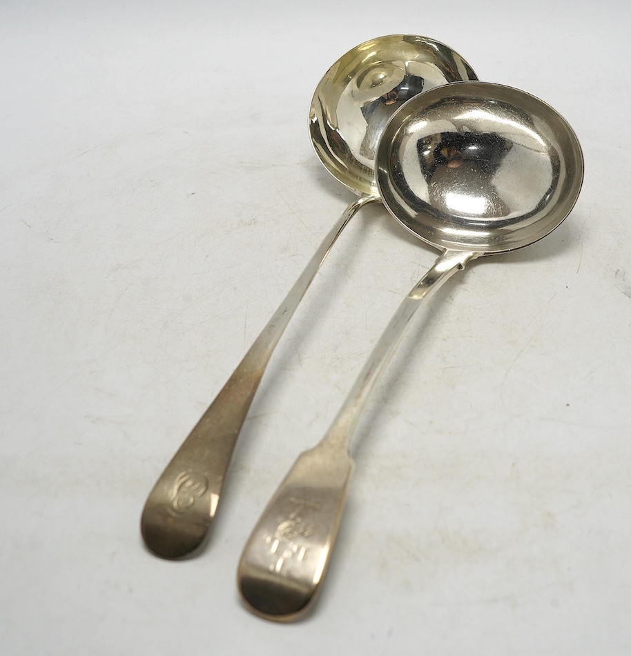 A George III silver Old English pattern soup ladle, George Smith, London, 1786, 33cm and a later silver fiddle pattern soup ladle, London, 1835, 11.6 oz. Condition - fair